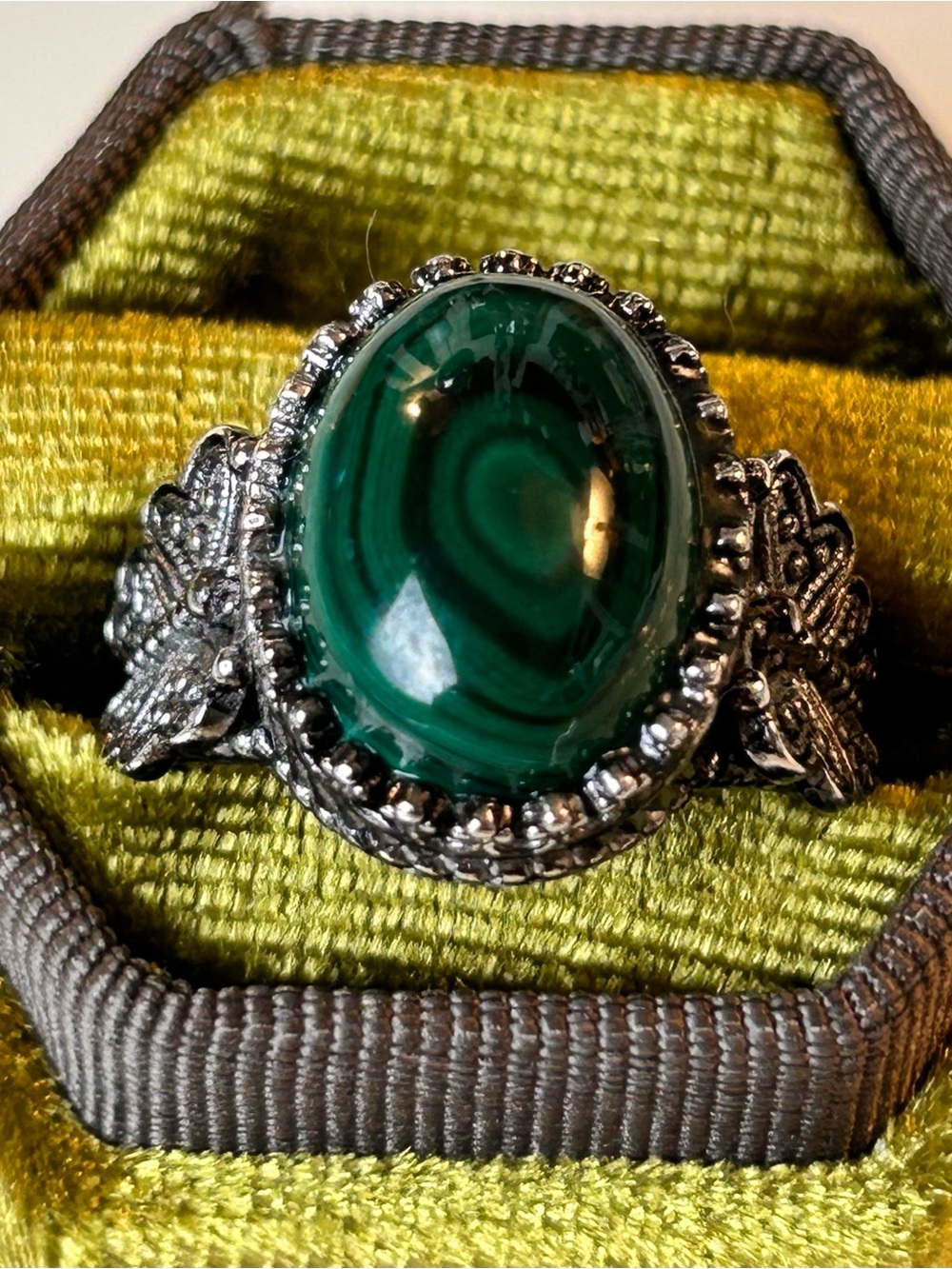 Vintage-Style Cabochon Malachite Butterfly Statement Ring, Silver-toned, Whimsy
